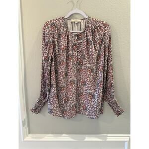 Loft Women's Pink Geometric Pattern Long Smock Cuffed Sleeve Lined Blouse Size S